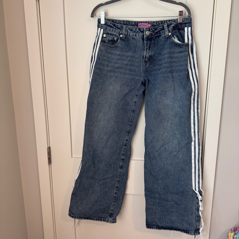 Edikted Blue Wide Leg Jeans White Side Stripe Lace Up Hem Womens Size M Baggy